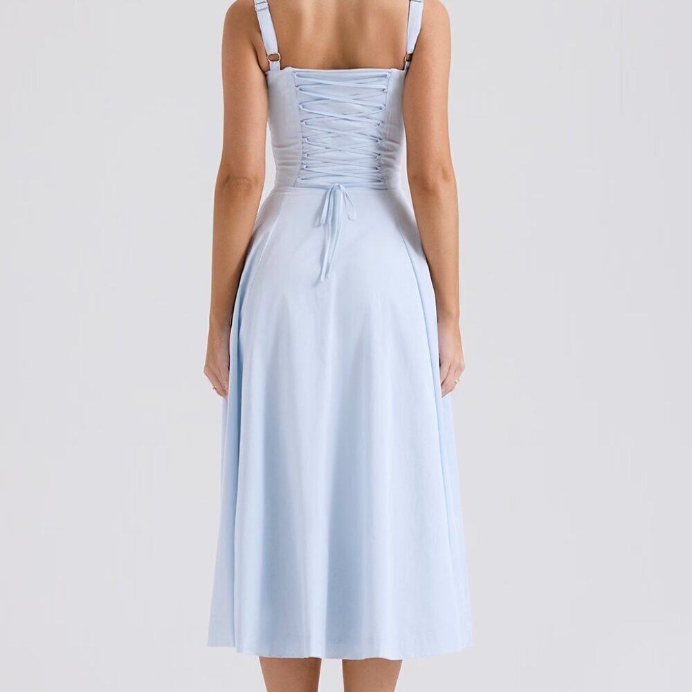 HOUSE OF CB 'Carmen' Soft Blue Cotton Bustier Sundress NWOT - Picture 2 of 9